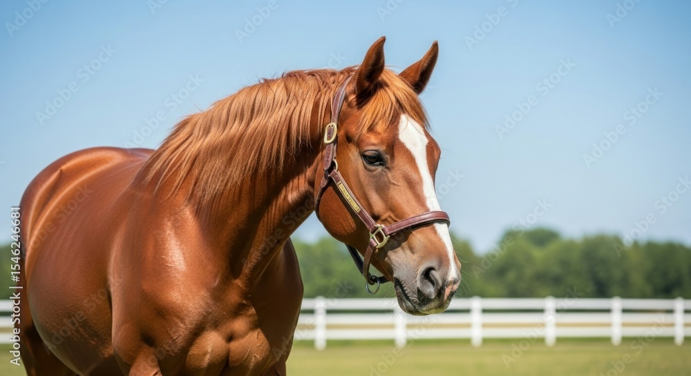 Fototapeta premium A bay horse with a smooth coat and a halter.