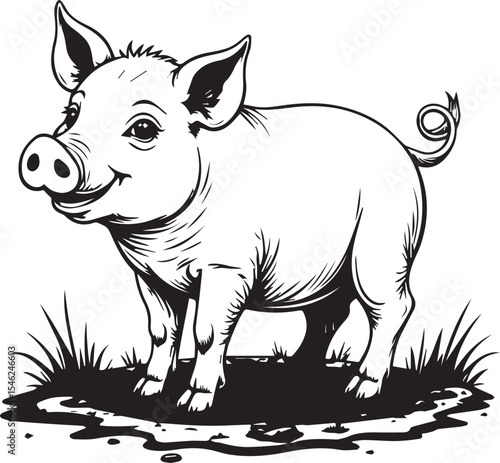 Smiling Pig in monochrome: A charming monochrome illustration of a cute pig with a happy expression, standing proudly in a patch of grass, capturing the innocence and simplicity of rural life.