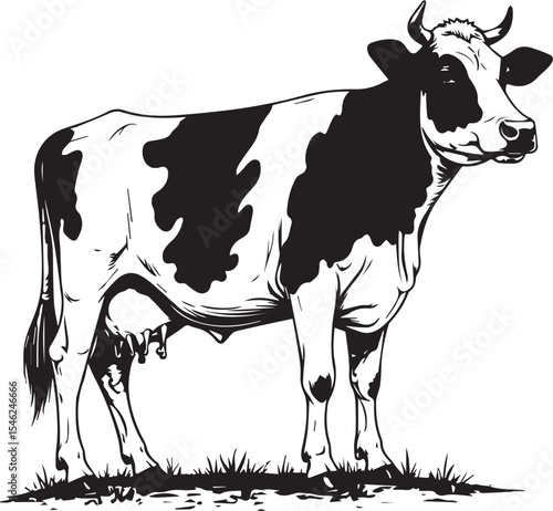 Cow in Pasture: A detailed, illustrative view of a cow standing in a pasture, evoking a sense of tranquility, featuring a black and white aesthetic and pastoral life.