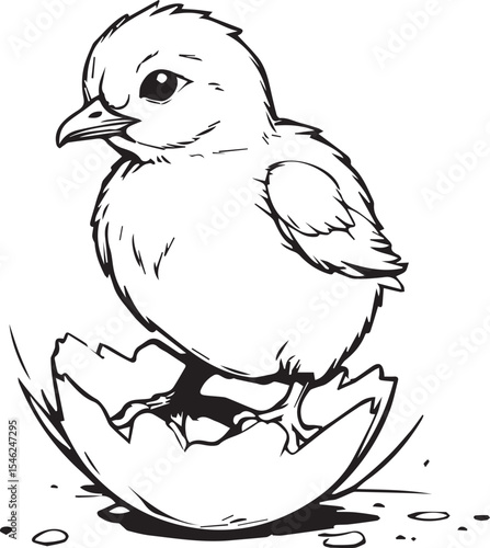 The Emergence: A young chick emerges from its egg shell, the embodiment of new life and potential. Drawn in monochrome, the image focuses on the delicate details.