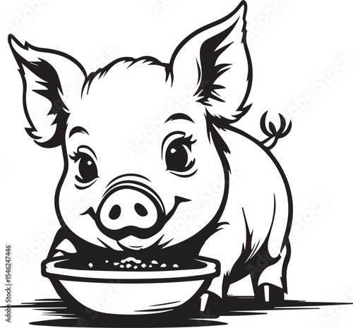 Charming Piglet's Delight: This delightful illustration captures the joyful moment of a happy piglet enjoying a meal, its eyes sparkling with contentment and joy.
