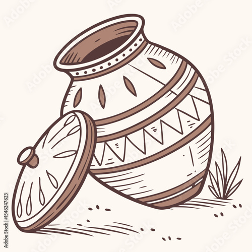 Brown Clay Matka Pot with Lid Open Isolated on White Background Geometric Patterned Design Hand Drawn Style Illustration