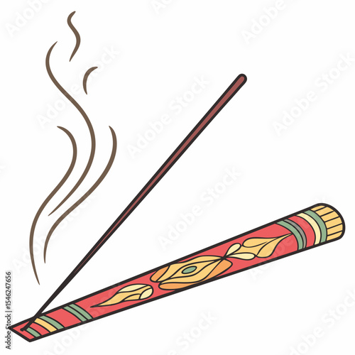 Burning Agarbatti Incense Stick with Red Yellow Green and Beige Decorated Holder Isolated on White Background