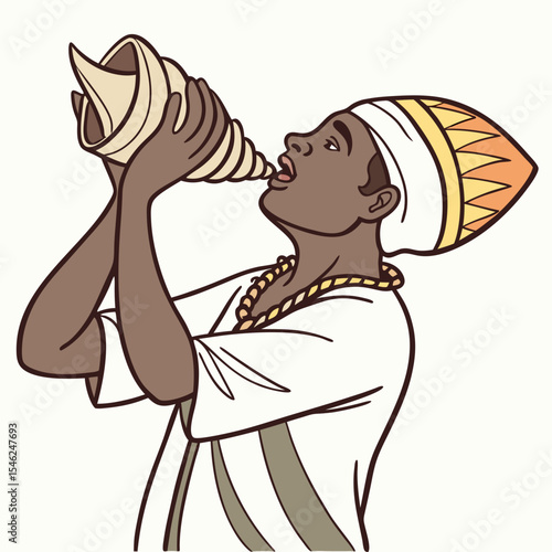 Dark Brown Skinned Man Blowing Beige Shankha Shell Wearing White And Beige Religious Headwear conch