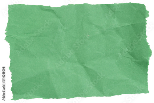 Green construction paper ripped and crumpled rectangle isolated on white