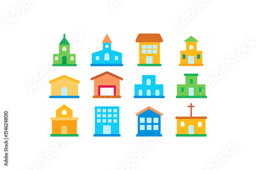 different school building icon sets on white 