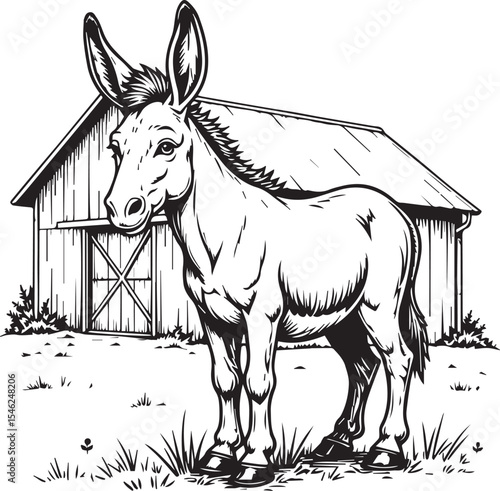 Donkey by Barn: An artistic representation of a donkey stands proudly near an aged barn, exuding a sense of pastoral serenity.
