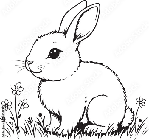 Cottontail Rabbit in a Meadow: A charming line drawing of a cuddly cottontail rabbit, nestled in a meadow, with soft details and inviting character, perfect for coloring pages or illustrations.