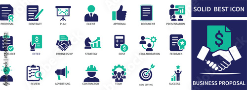 business proposal icon set featuring planning, investment, proposal, partnership, finance, contract, presentation, negotiation, approval, strategy, and partnership symbols.