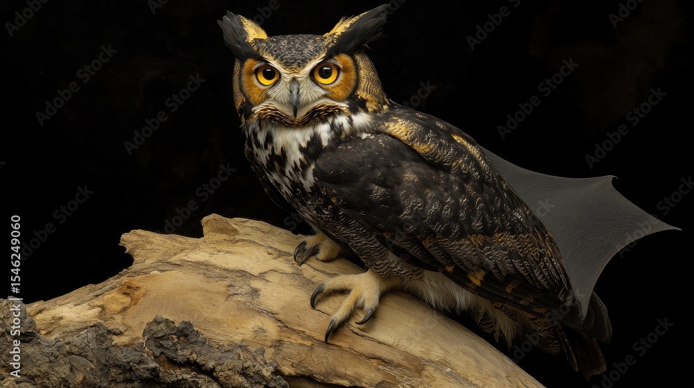 Obraz premium A photo of an owl with the head and beak of a bat, perched on top of a tree log