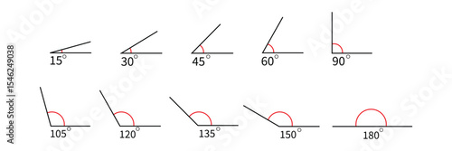 Angle collection. Mathematic 30, 45, 60, 90, 120, 135 corners degree set. Vector isolated on white .   EPS 10 . 