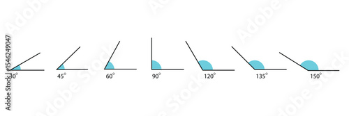 Angle collection. Mathematic 30, 45, 60, 90, 120, 135 corners degree set. Vector isolated on white .   EPS 10 . 