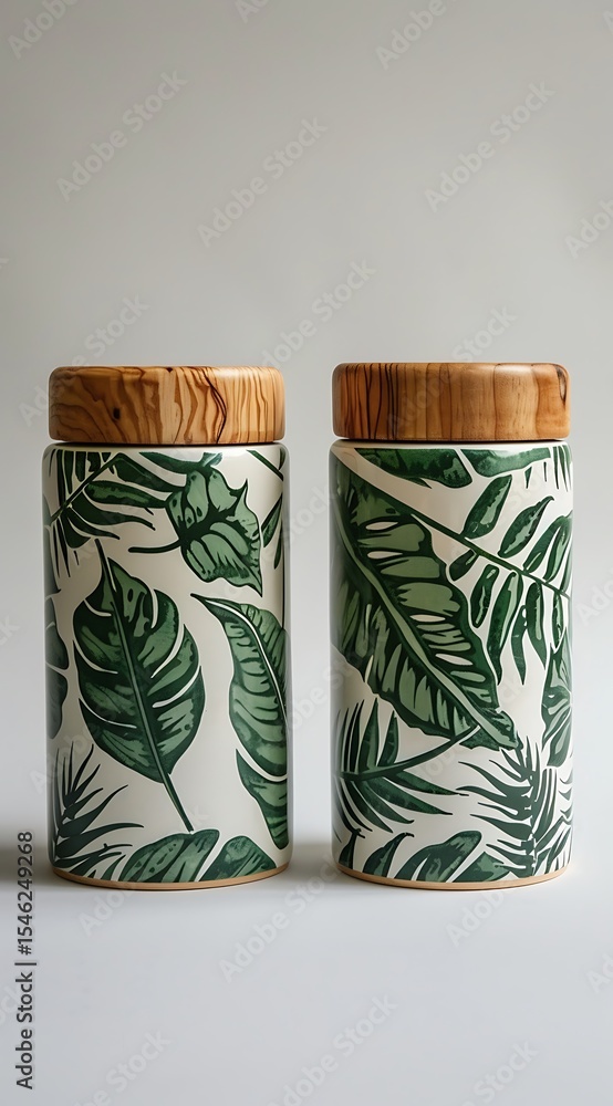 Fototapeta premium Elegant Tropical Leaf Patterned Jars with Wooden Lids Perfect for Kitchen Storage Organization