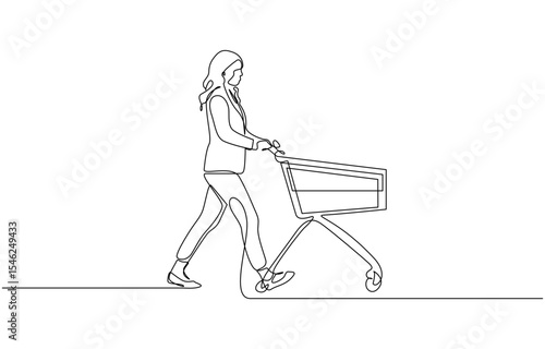 Continuous single line sketch drawing young happy woman pushing shopping trolley cart, Monthly shopping in supermarket concept. Single line draw design illustration.