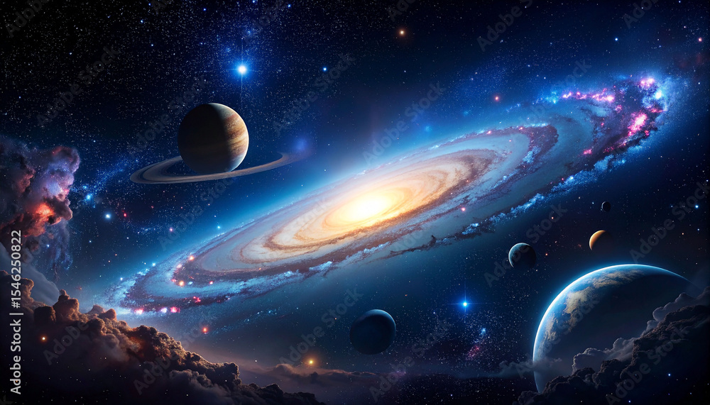 Naklejka premium Vast spiral galaxy, numerous planets, and nebulae in deep space