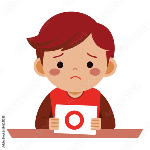 Sad Boy Holding Paper with Red Circle, Brown Hair and Table Top