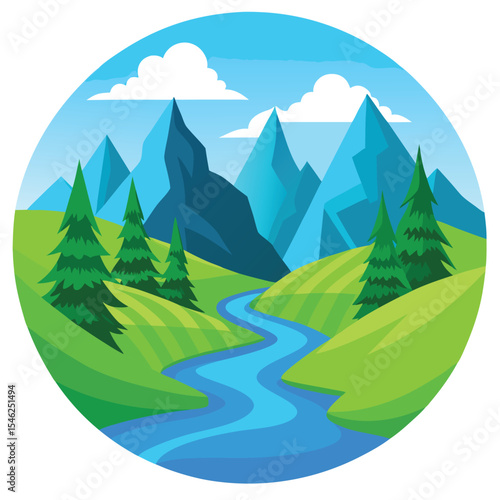 Serene Cartoon Mountain Landscape With River, Green Hills, and Evergreen Trees in a Circle