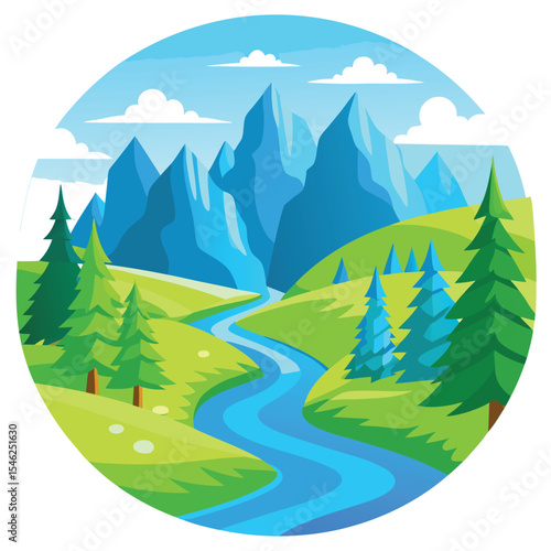 Serene Mountain Landscape with River, Green Hills and Trees in Circular