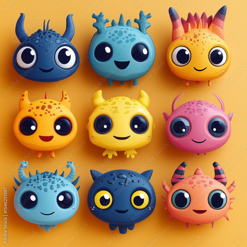 Fototapeta premium Printable Sticker Bundle of alien creatures with expressive eyes, tiny antennas, and funny glowing colors generative AI