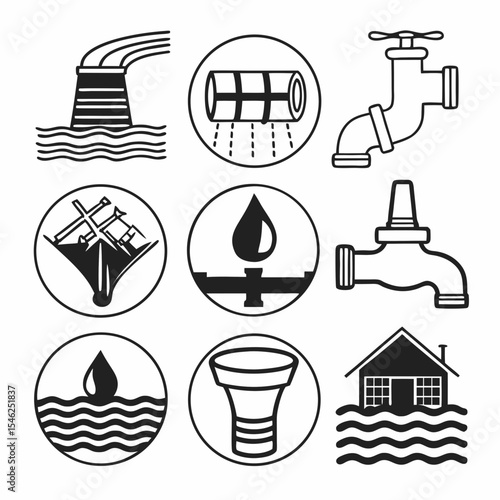 "Water Infrastructure Icons Set – Thin Line Style for Engineering, Utilities, and Environmental Projects"