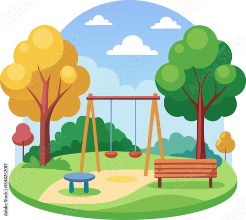 Empty playground scene. Kids amusement area landscape. Outdoor play ground in summer park with swings, seesaws, bench, trees and grass. Flat vector illustration isolated on white background