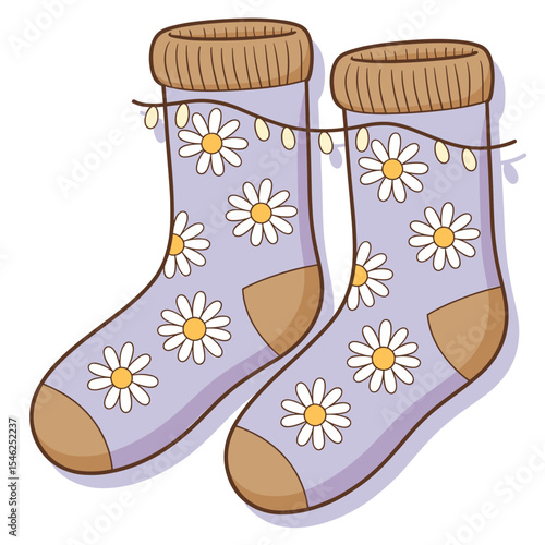Purple Socks with White Daisy Pattern – Cute Spring Floral Clothing Illustration