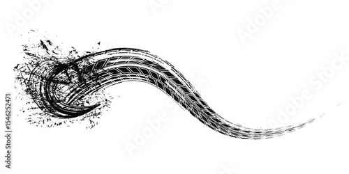 Tire trace track. Abstract wheels braking distances, tread silhouettes brushes. Isolated car or motorcycles vector trails