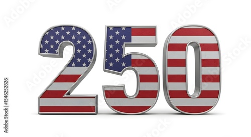 Digitally rendered numbers 250, each adorned with the American flag design, isolated.