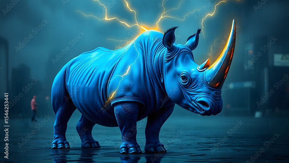Obraz premium Neon Rhino in Thunderstorm with Glowing Horn