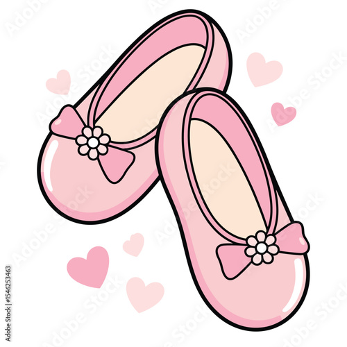 Pink Ballet Flats with Bow and Floral Accents – Cute Footwear Illustration with Heart Decorations