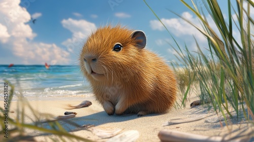 a cute fluffy baby capybara is playing in the beach happily, realistic style, 
