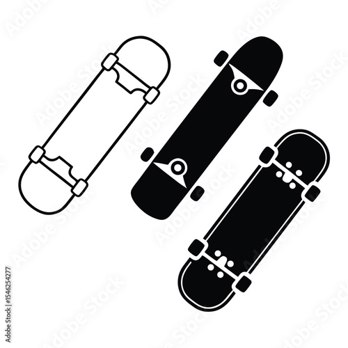 Three Skateboard Designs Black and White Outline and Solid