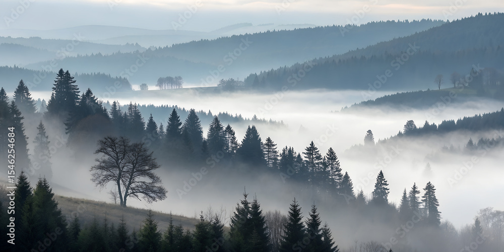 Fototapeta Fog Covered Forest Ridge Disappearing into White