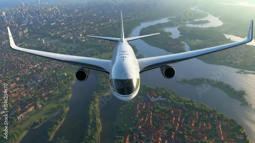 An airplane soars over a city surrounded by rivers and lush landscapes during early morning, showcasing the beauty of urban and natural harmony