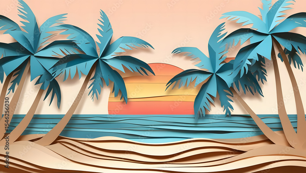 Obraz premium 3D paper cut style of beach with palm trees, sun, ocean waves, and sand, layered soft pastel colors, no text