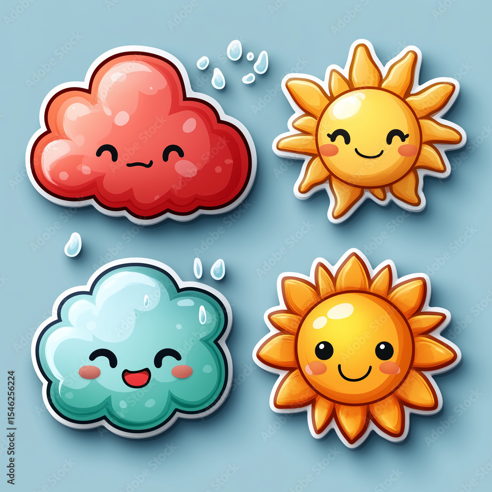 Fototapeta premium Printable Sticker Bundle of funny cartoon weather icons, featuring a sleepy rain cloud, a happy thunderbolt, a winking snowflake, a surprised wind swirl, and a beaming sun generative AI