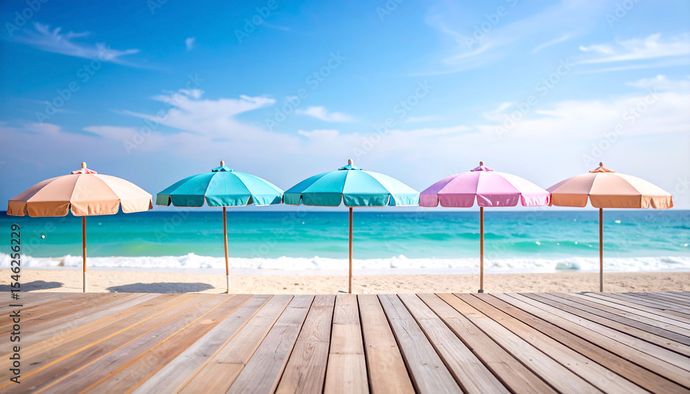 Fototapeta premium Four pastel beach umbrellas line a wooden boardwalk overlooking a tranquil turquoise ocean under a bright, partly cloudy sky