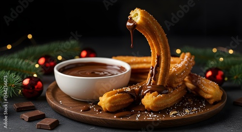Churros, Chocolate, Sauce, Churros with Chocolate Sauce and Christmas Decorations