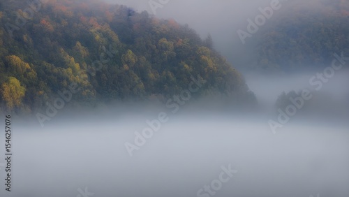 Misty morning over a calm mountain lake, reflecting the serene autumn forest and soft sunrise clouds