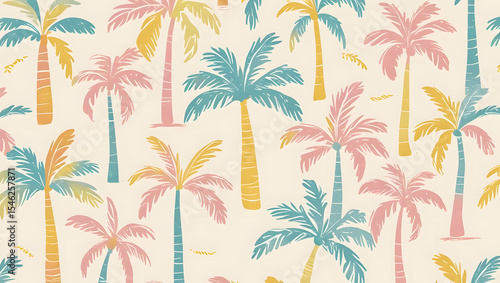 Seamless pattern of hand-drawn palm trees in pastel colors on light beige background, tropical summer theme