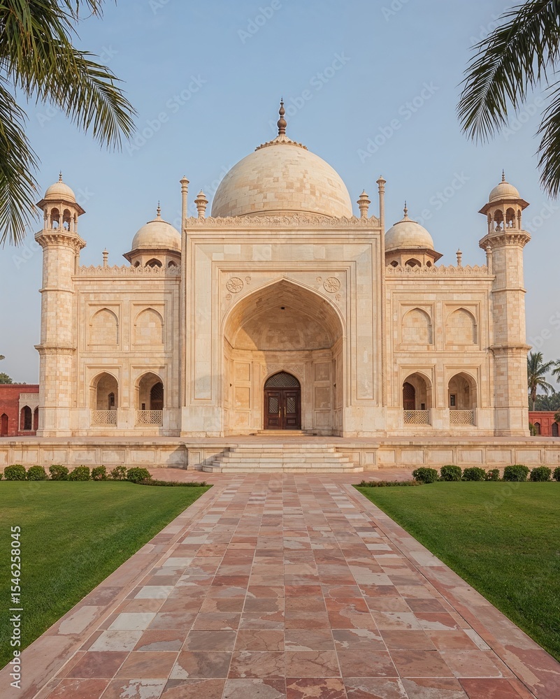 Fototapeta premium Back view of a Mughal inspired house that fuses ancient architecture with minimalism designed in a royal cream and ruby theme