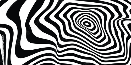 Abstract hypnotic pattern with black-white striped lines. Psychedelic background. Op art, optical illusion. Modern design, graphic texture.