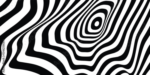 Abstract hypnotic pattern with black-white striped lines. Psychedelic background. Op art, optical illusion. Modern design, graphic texture.