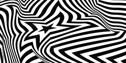 Abstract hypnotic pattern with black-white striped lines. Psychedelic background. Op art, optical illusion. Modern design, graphic texture.