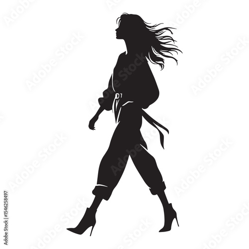 Lively walking lady Individual with a Brisk Pace Moving with a Spring in Her Step - Walking Woman silhouette - Walking woman Vector - Silhouette of walking woman
