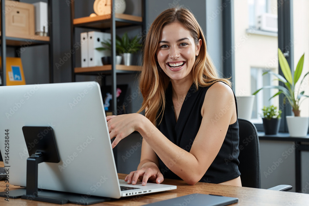Happy beautiful young businesswoman working on a computer at her desk in a modern office, turning around to laugh cheerfully and candidly at the camera with a joyful smile Happy beautiful young businesswoman working on a computer at her desk in a modern office, turning around to laugh cheerfully and candidly at the camera with a joyful smile