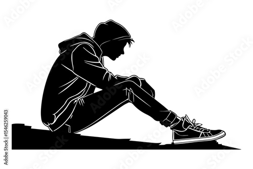 Anxiety disorder, man suffering from anxiety. Silhouette of man who is sitting on a floor