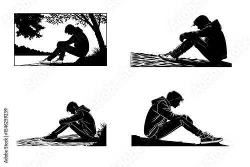 a group of people who sufferings from Anxiety disorder, depression, mental disorder man suffering from anxiety. Silhouette of man who is sitting on a floor