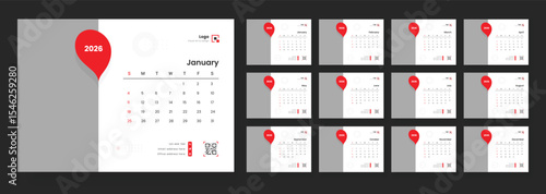 Desk Calendar 2026 template. 2026 Calendar Planner Set of new Template 12 Monthly Page for Corporate or Personal use. Calendar template for 2026 with week start on Sunday.