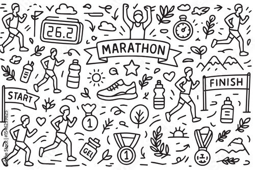 Vector background doodle with a marathon theme, illustrated in black and white using bold black outlines showing runners, numbers, shoes, and finish lines.

